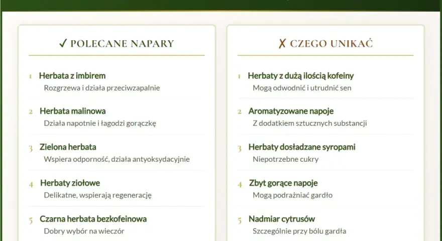 Jaka herbata na katar? Polecane napary: z imbirem, malinowa, zielona, ziołowe, czarna bezkofeinowa. Unikaj: z kofeiną, aromatyzowanych, słodzonych, zbyt gorących, cytrusów.