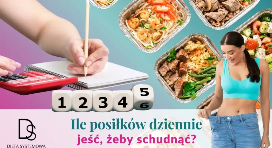 Kobieta z radością pokazuje swoje nowe, luźne spodnie. Obok kostki z cyframi od 1 do 6 i pytanie: ile posiłków dziennie jeść, żeby schudnąć?