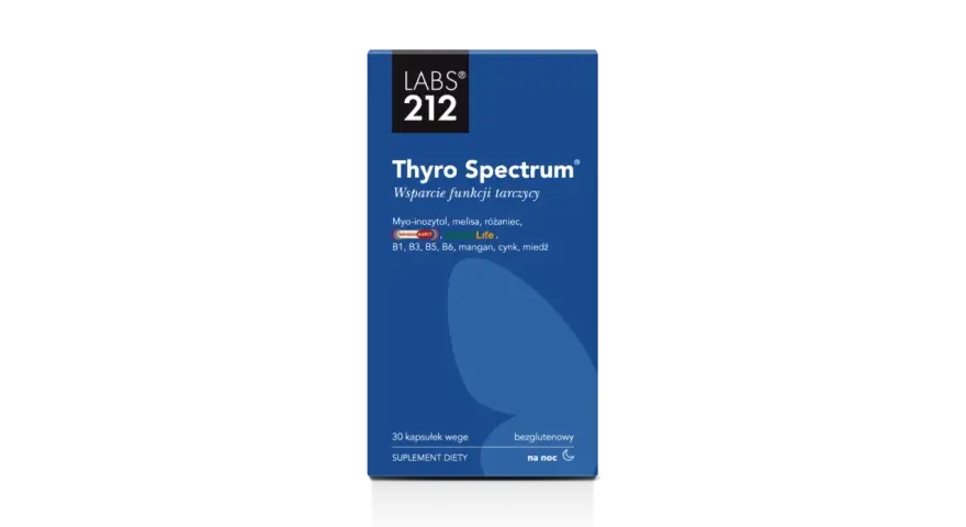 Suplement diety Thyro Spectrum z inozytolem wspiera tarczycę. Zawiera myo-inozytol, melisę, róże, selen, witaminy i minerały.