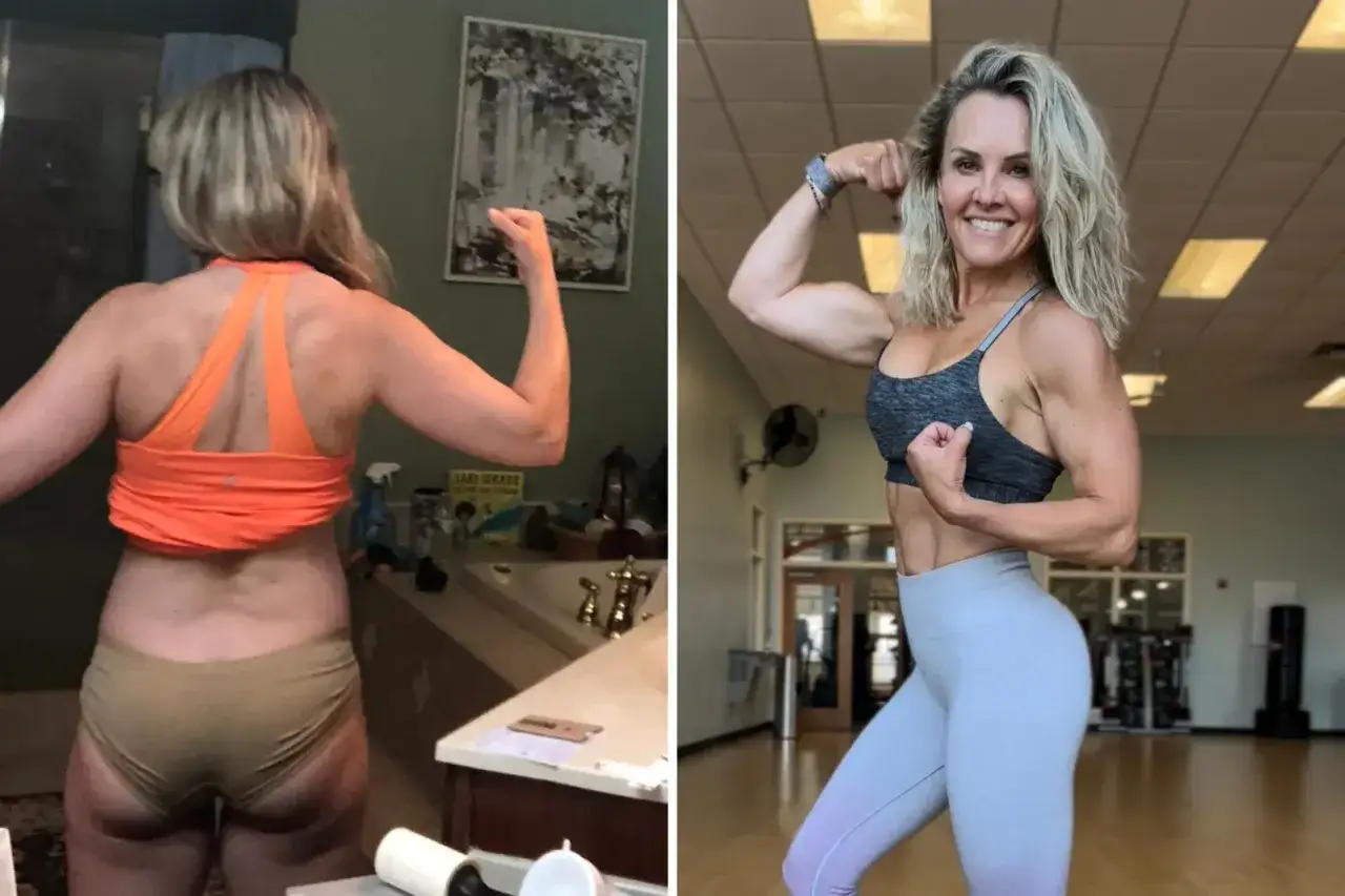 Przemiana z sylwetki skinny fat w wyrzeźbioną formę. Po lewej: kobieta w pomarańczowym topie i beżowych spodenkach. Po prawej: ta sama kobieta, dumna z umięśnionego ciała.