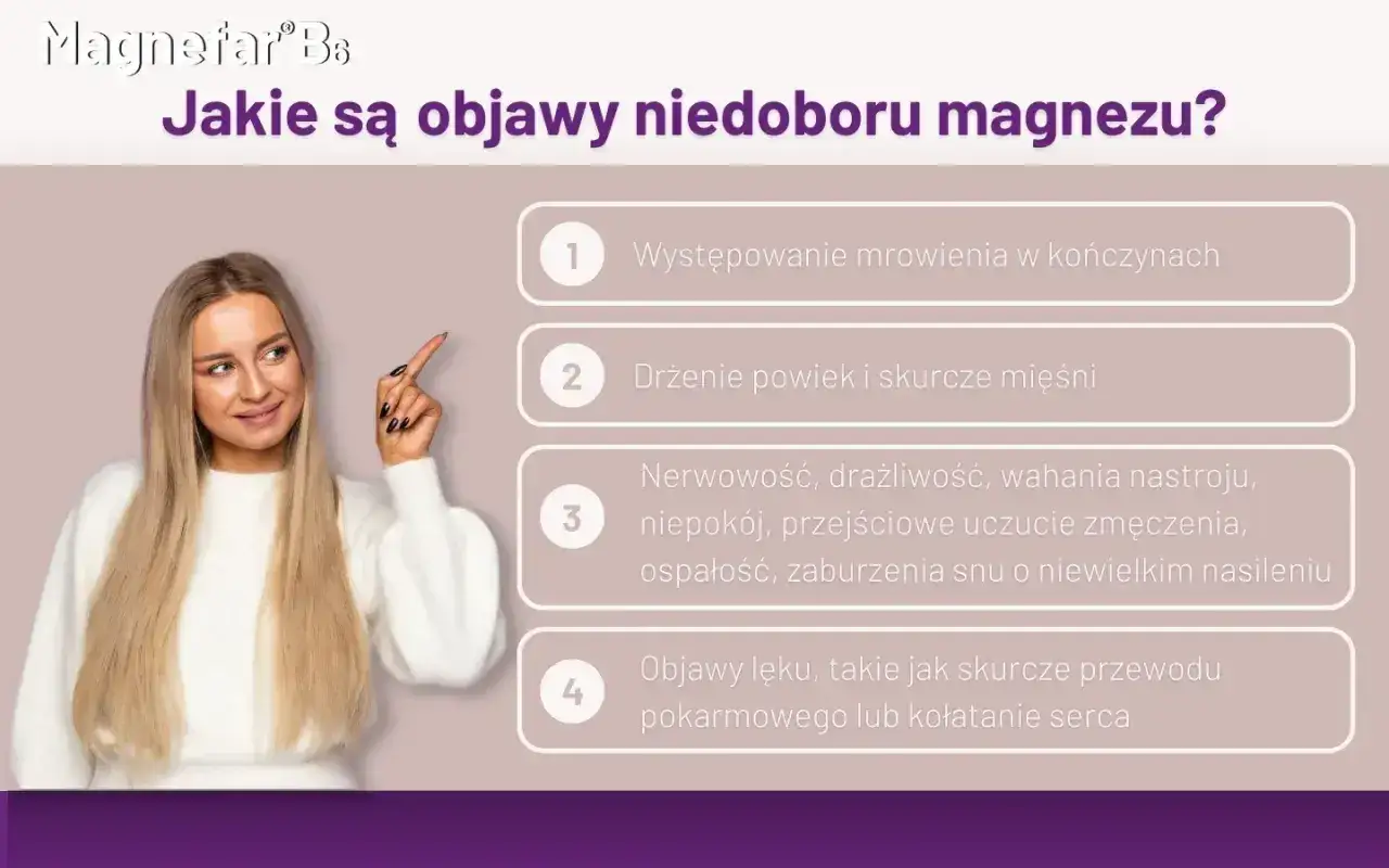 Kobieta wskazuje na objawy niedoboru magnezu: mrowienie, drżenie powiek, nerwowość, lęk.