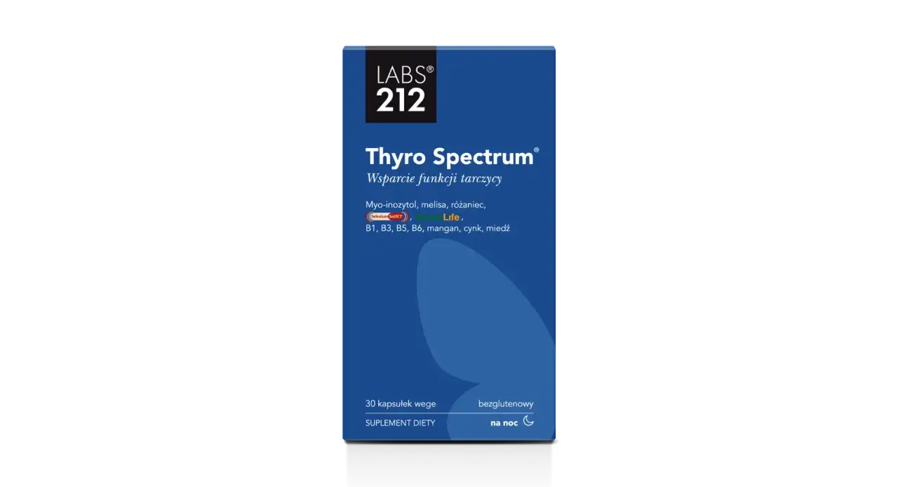 Suplement diety Thyro Spectrum z inozytolem wspiera tarczycę. Zawiera myo-inozytol, melisę, róże, selen, witaminy i minerały.