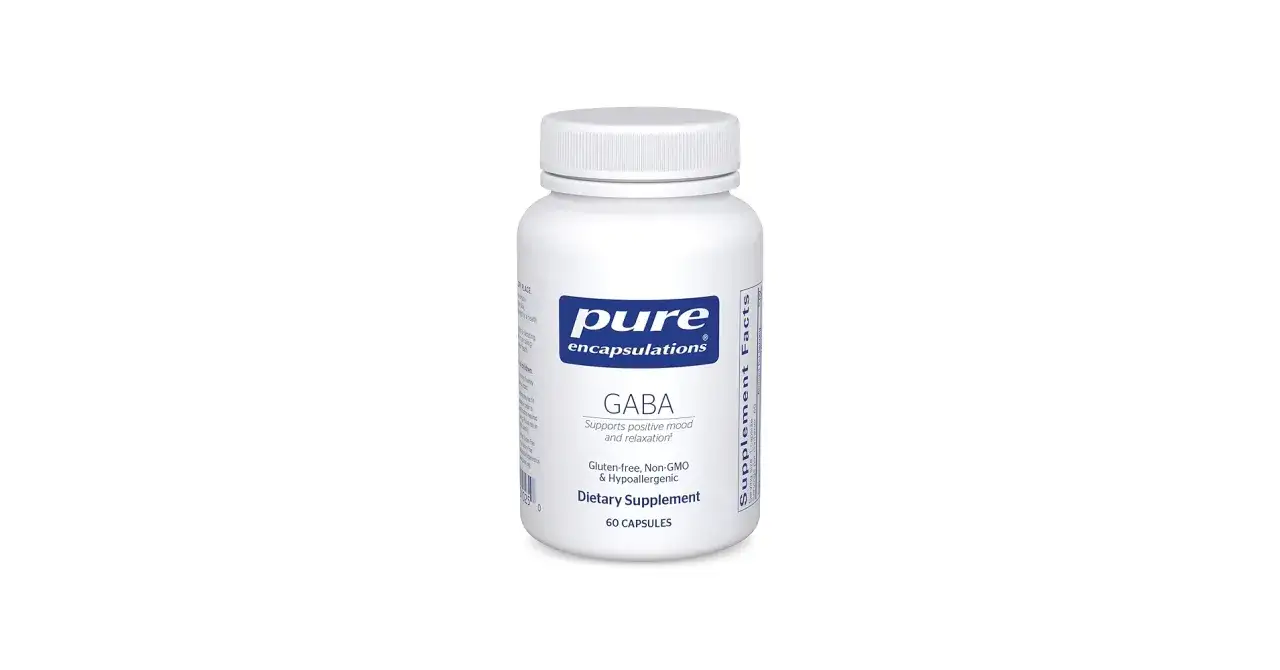 Biała butelka suplementu diety Pure Encapsulations GABA, wspierającego pozytywny nastr&oacute;j i relaksację.