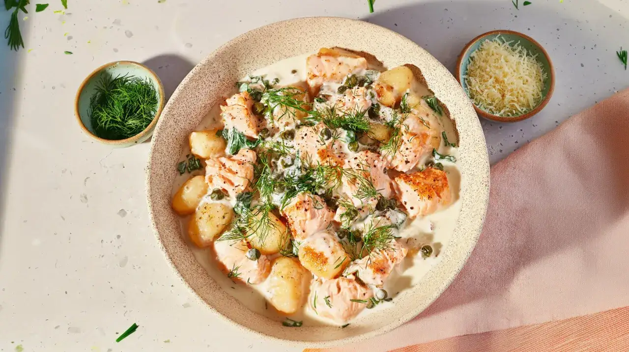 Pyszne gnocchi z łososiem w kremowym sosie, udekorowane koperkiem i kaparami. Obok miseczka z tartym serem.