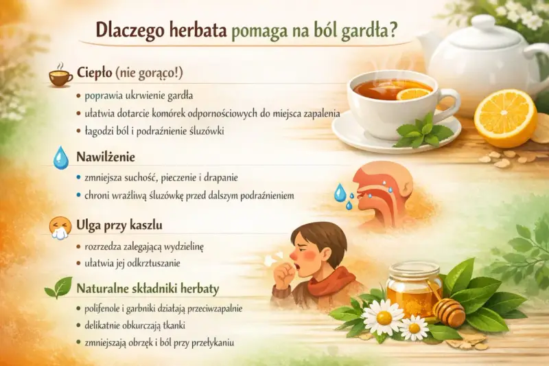 Ciepła herbata, miód i cytryna to idealna odpowiedź na pytanie: jaka herbata na ból gardła? Łagodzi, nawilża i pomaga przy kaszlu.