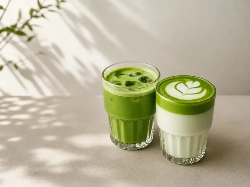 Dwa orzeźwiające napoje matcha w szklankach. Jeden z lodem, drugi z mleczną pianką i wzorem. Idealne na upalne dni, gdy zastanawiasz się, matcha co to.